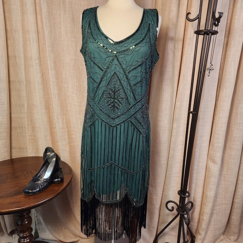 FUNDaisy XXL Green Black Beaded Fringe Flapper Dress Art Deco Gatsby 1920s